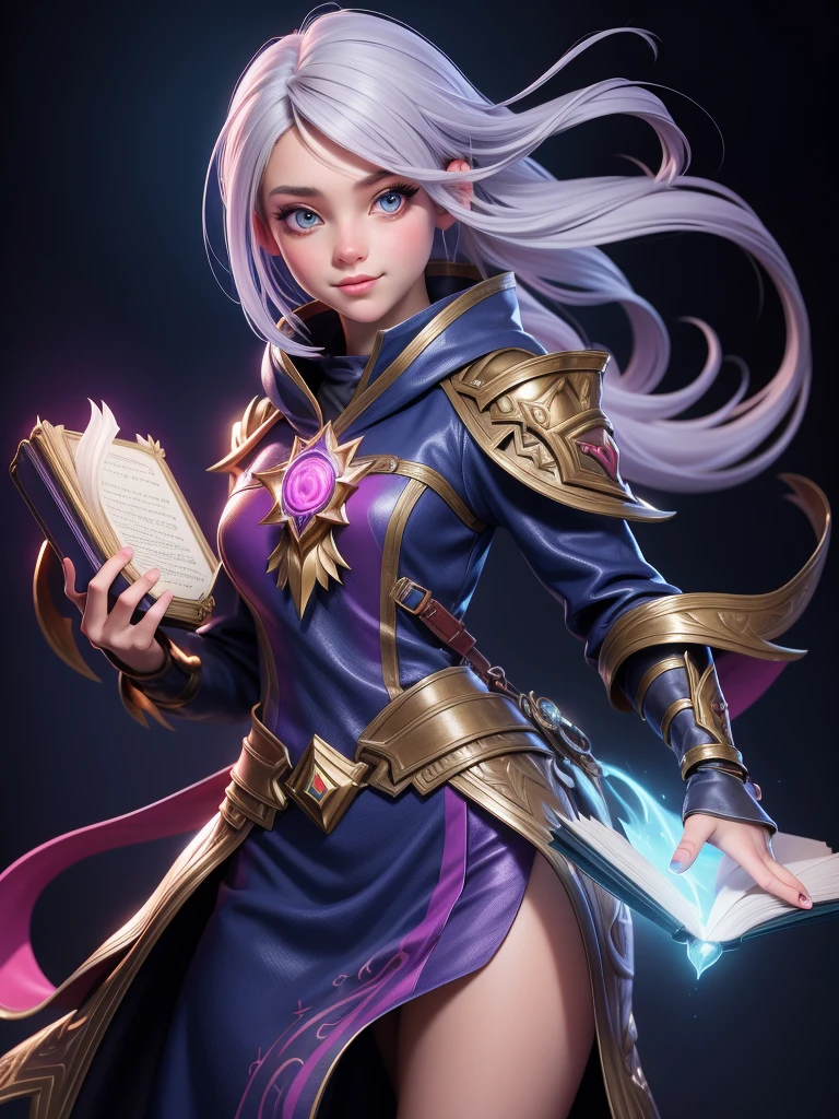 "Realistic young female mage, around 20 years old, wearing cute clothing, with silver hair and colorful highlights, holding a magic book, in a fantasy background."