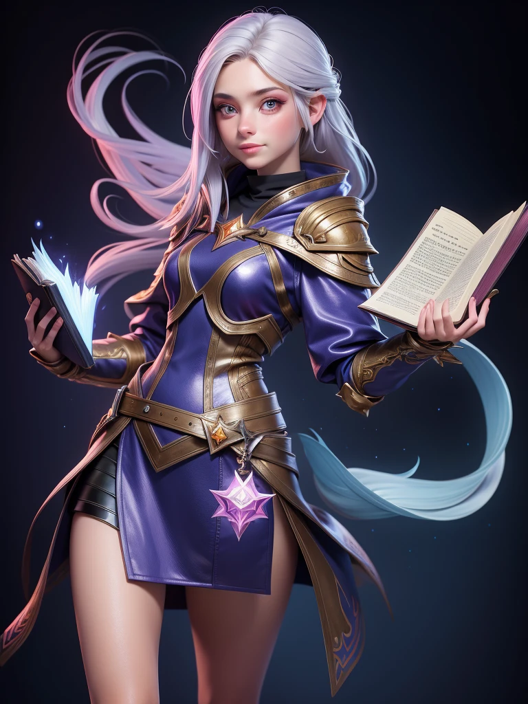 "Realistic young female mage, around 20 years old, wearing cute clothing, with silver hair and colorful highlights, holding a magic book, in a fantasy background."