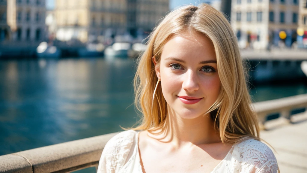 Beautiful blonde with big breasts in a white dress (Beautiful European city in the morning sun),Wearing headphones,Very detailed, 21 years old, Innocent face, Naturally Wavy Hair, blue eyes, High resolution, masterpiece, Highest quality, Intricate details, Very detailed, Clear focus, Delicate skin, practical skin texture, texture, Delicate eyes, Professional, 4K, Cute Smile, Shot with Canon, 85mm, Shallow and deep, Kodak Vision Color, Exactly, Very detailed, photograph_\(Extremist\), photographpractical, practical, Post-processing, Maximum details, Roughness, Real Life, Extremist practical, Photorealism, photographgraphy, 8K Ultra HD, photographgraphy