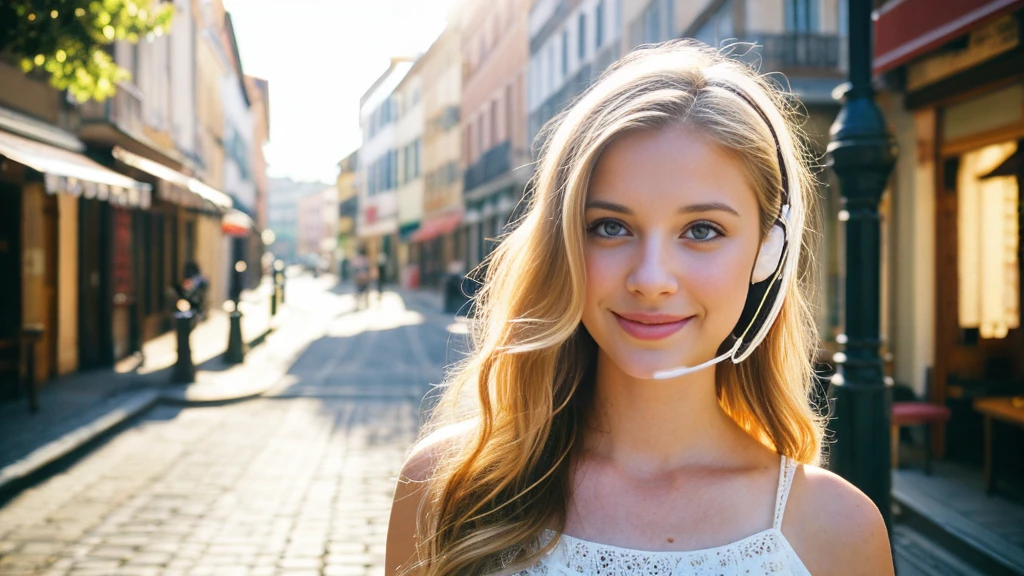 Beautiful blonde with big breasts in a white dress (Beautiful European city in the morning sun),Wearing headphones,Very detailed, 21 years old, Innocent face, Naturally Wavy Hair, blue eyes, High resolution, masterpiece, Highest quality, Intricate details, Very detailed, Clear focus, Delicate skin, practical skin texture, texture, Delicate eyes, Professional, 4K, Cute Smile, Shot with Canon, 85mm, Shallow and deep,  Kodak Vision Color, Exactly, Very detailed, photograph_\(Extremist\), photographpractical, practical, Post-processing, Maximum details, Roughness, Real Life, Extremist practical, Photorealism, photographgraphy, 8K Ultra HD, photographgraphy