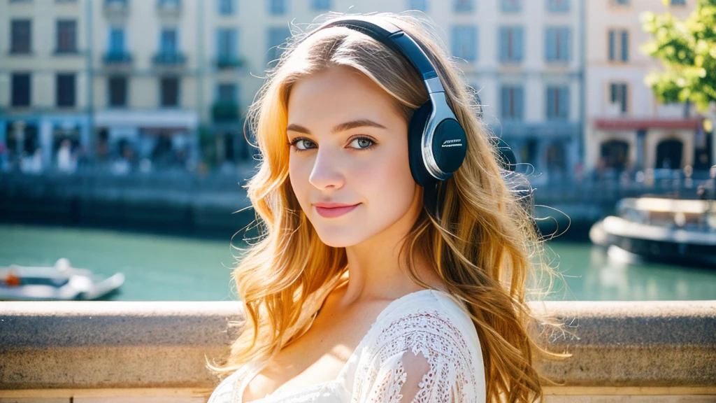 Beautiful blonde with big breasts in a white dress (Beautiful European city in the morning sun),Wearing headphones,Very detailed, 21 years old, Innocent face, Naturally Wavy Hair, blue eyes, High resolution, masterpiece, Highest quality, Intricate details, Very detailed, Clear focus, Delicate skin, practical skin texture, texture, Delicate eyes, Professional, 4K, Cute Smile, Shot with Canon, 85mm, Shallow and deep, Kodak Vision Color, Exactly, Very detailed, photograph_\(Extremist\), photographpractical, practical, Post-processing, Maximum details, Roughness, Real Life, Extremist practical, Photorealism, photographgraphy, 8K Ultra HD, photographgraphy
