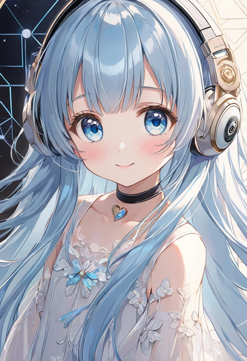 masterpiece, best quality, extremely detailed, (illustration, official art:1.1), 1 girl ,(((( light blue long hair)))), ,(((( light blue long hair)))),light blue hair, ,10 years old, long hair ((blush)) , cute face, big eyes, masterpiece, best quality,(((((a very delicate and beautiful girl))))),Amazing,beautiful detailed eyes,blunt bangs((((little delicate girl)))),tareme(true beautiful:1.2), sense of depth,dynamic angle,,,, affectionate smile, (true beautiful:1.2),,(tiny 1girl model:1.2),)(flat chest), ,beautiful flower々）,heart shaped choker, (masterpiece, highest quality), official art, beautiful and aesthetic: 1.2), (1 girl), very detailed, (geometry art: 1.3), colorful,headphones,DJ