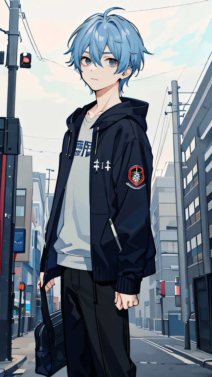 1 boy, ash blue hair, black eye, whole body