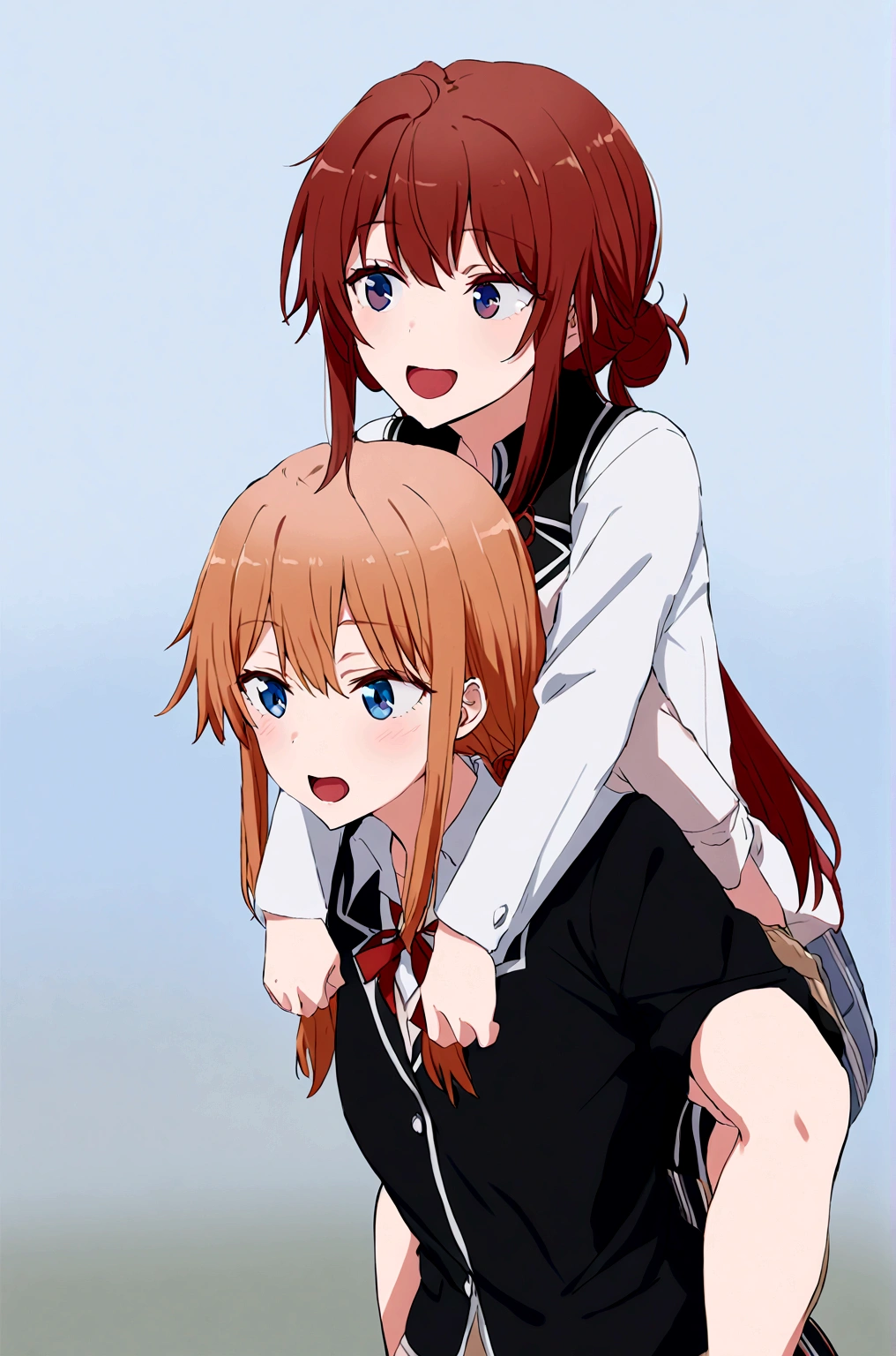 2 grils mother Yuigahama  giving yukino yukinoshita piggyback ride, Blue eyes black long hair piggyback ride, size difference, 