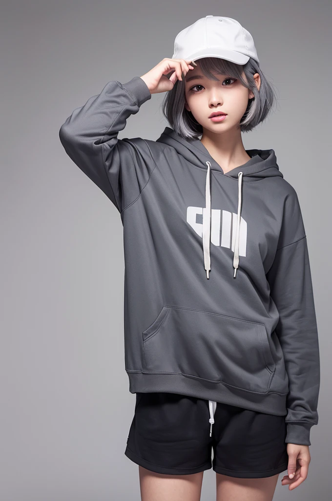 Gray Hair、Simple Background、Girl、Short Hair、Shorts、hoodie、Cap
