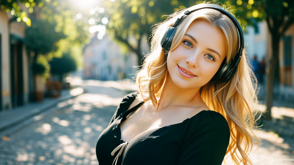 Beautiful blonde with big breasts in a black dress (Beautiful morning sun in a French town),Wearing headphones,Very detailed, 21 years old, Innocent face, Naturally Wavy Hair, blue eyes, High resolution, masterpiece, Highest quality, Intricate details, Very detailed, Clear focus, Delicate skin, practical skin texture, texture, Delicate eyes, Professional, 4K, Cute Smile, Shot with Canon, 85mm, Shallow and deep,  Kodak Vision Color, Exactly, Very detailed, photograph_\(Extremist\), photographpractical, practical, Post-processing, Maximum details, Roughness, Real Life, Extremist practical, Photorealism, photographgraphy, 8K Ultra HD, photographgraphy