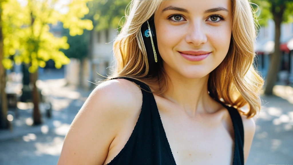Beautiful blonde with big breasts in a black dress (Beautiful morning sun in a French town),Wearing headphones,Very detailed, 21 years old, Innocent face, Naturally Wavy Hair, blue eyes, High resolution, masterpiece, Highest quality, Intricate details, Very detailed, Clear focus, Delicate skin, practical skin texture, texture, Delicate eyes, Professional, 4K, Cute Smile, Shot with Canon, 85mm, Shallow and deep,  Kodak Vision Color, Exactly, Very detailed, photograph_\(Extremist\), photographpractical, practical, Post-processing, Maximum details, Roughness, Real Life, Extremist practical, Photorealism, photographgraphy, 8K Ultra HD, photographgraphy