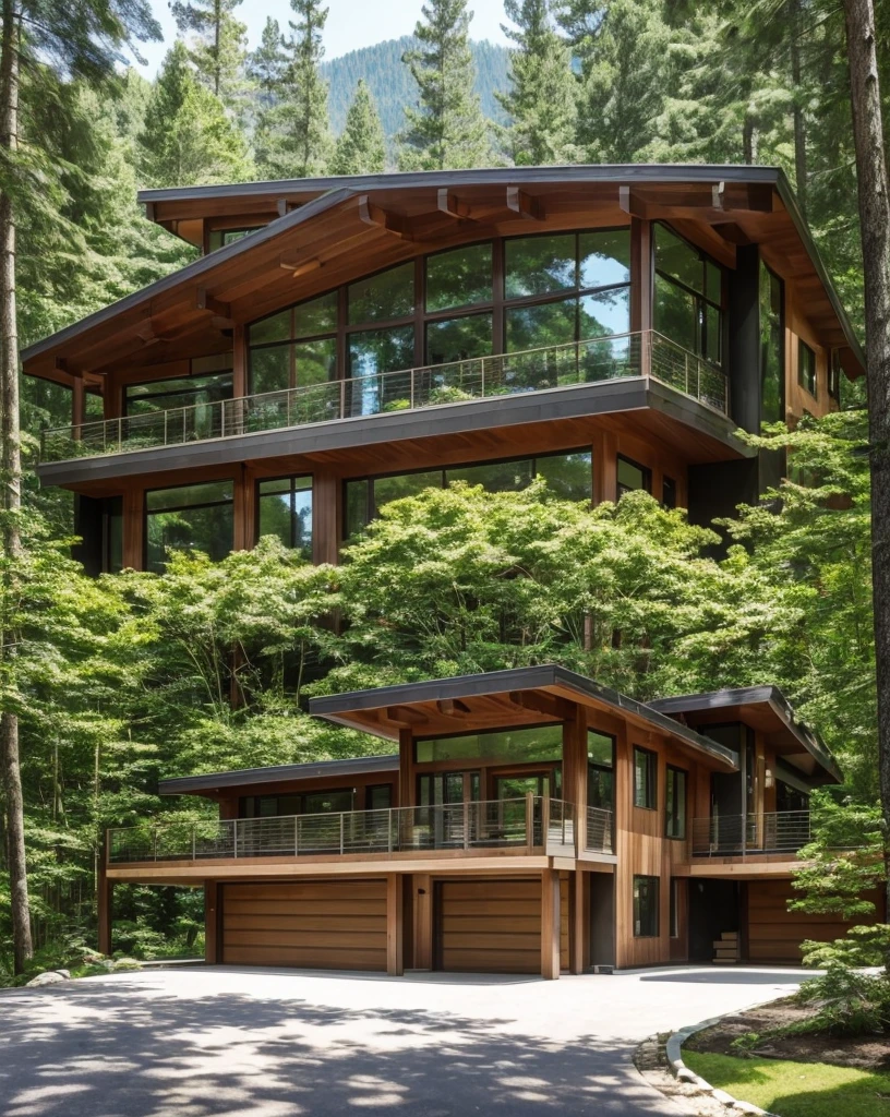 arafed house with a large deck and a mountain view, peaceful wooden mansion, amidst of nature fully covered, modern house in the wood, dense with greenery, large modern residence, beautiful house on a forest path, arhitectural shot, house in forest, beatiful house, build in a forest near of a lake, rich house, contemporary house