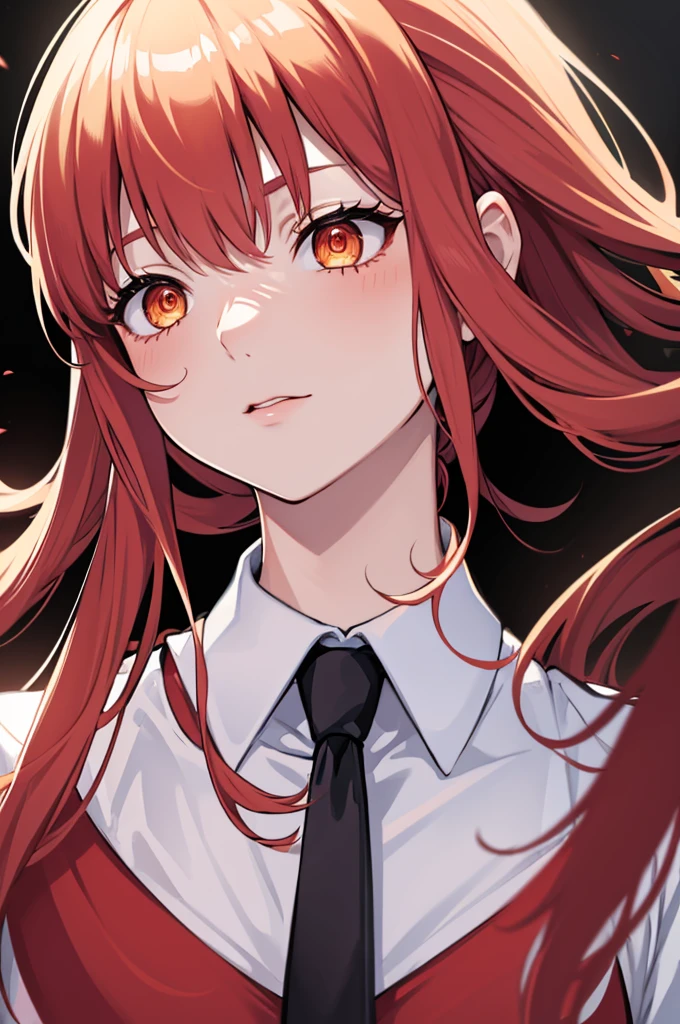 masterpiece, best quality, (extremely detailed CG unity 8k wallpaper, masterpiece, best quality, ultra-detailed, best shadow), (detailed background), (beautiful detailed face, beautiful detailed eyes), High contrast, (best illumination, an extremely delicate and beautiful),1girl,((colourful paint splashes on transparent background, dulux,)), ((caustic)), dynamic angle,beautiful detailed glow,full body, blood splash on face. close up of a woman, anime girl with red hair and a white shirt and tie, a character portrait by Yang J, pixiv, shin hanga, portrait of an anime girl, female anime character, portrait anime girl, portrait of asuka langley soryu, beautiful anime portrait, detailed portrait of anime girl, anime character, realistic anime artstyle, anime girl portrait, anime character portrait, bangs