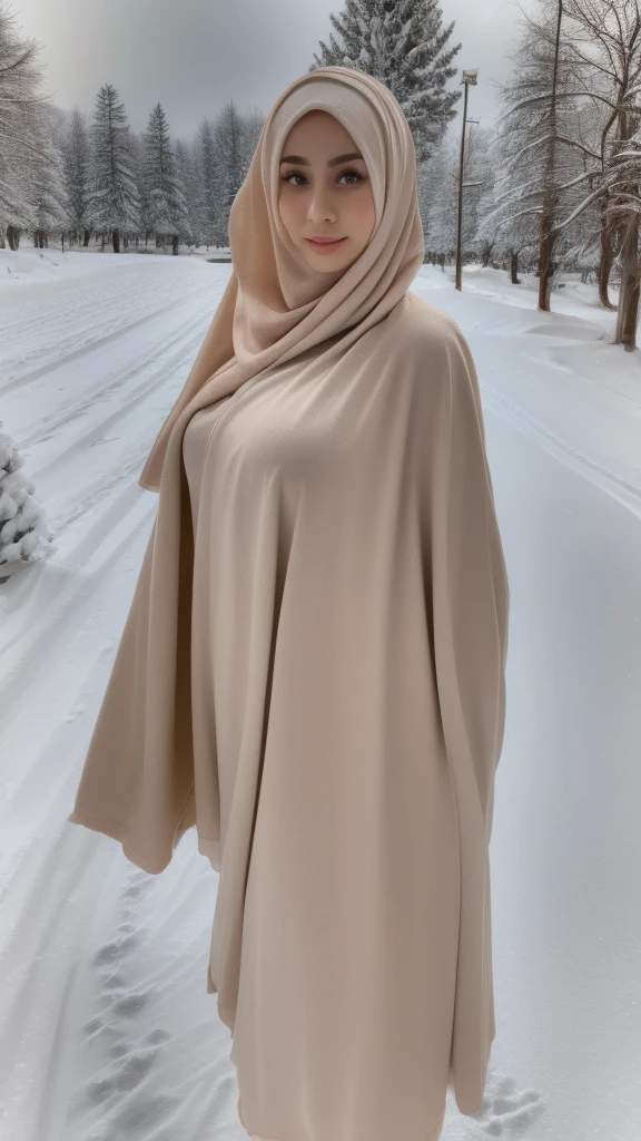 a beautiful girl wearing a hijab, a warm sweater, walking in the snow, detailed realistic face,large breasts, photorealistic, 8k, highly detailed, masterpiece, snow covered landscape, winter scenery, detailed textures, warm lighting, glowing skin, flowing hair, serene expression