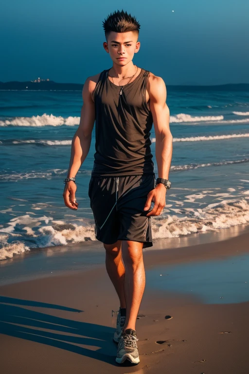 beach, Before dawn, 1 man, walking, 28 years old, Wearing a T-shirt, sleeveless, full body, Short spiked hair, crew cut hair, Asian, detailed skin, masterpiece