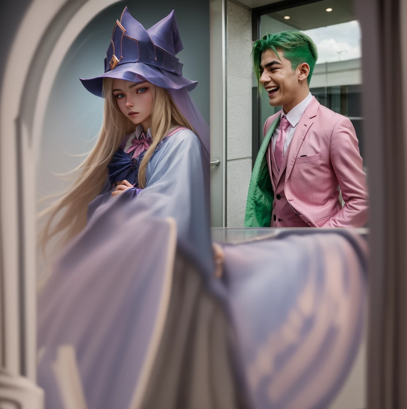 dark magician girl, masterpiece, best quality, (1girl), solo, (water), long hair, blonde hair, blue headwear, wizard hat, spell casting, castle, castle:2, motion blur, book, magic, (moonlight:1.2), chromatic aberration, depth of field, soft lighting, highly detailed face, highly detailed eyes, 