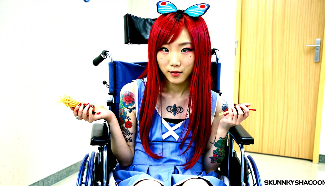 Uhd, photo of Cami, subject: Noriko, 1/2 Japanese 1/2 Hainu skinny girl with long red hair in a 2/00 large wheelchair, blue+++ eyes, oval face, LGBTQIA+, queer, punk style, dressed in colors, buttefly hairclip, tattooes. She is in the hospital, A doctor extracts her blood using the noodle.