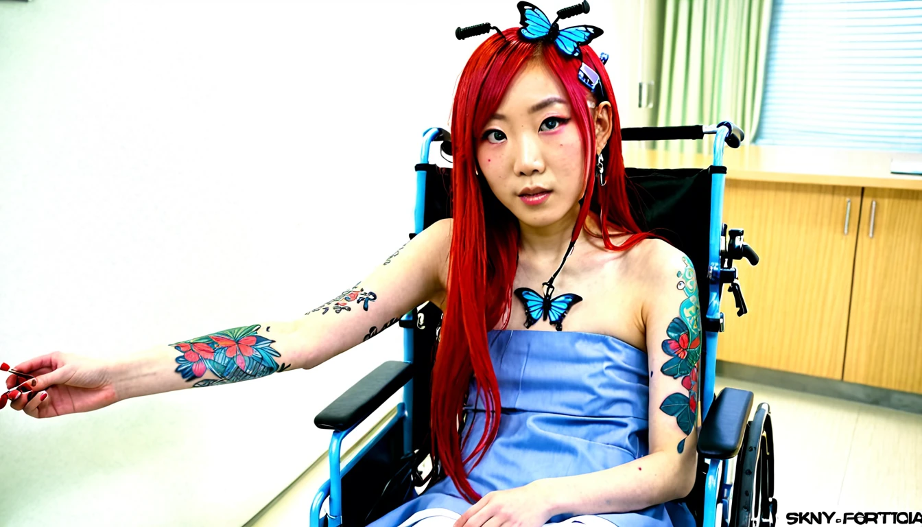 Uhd, photo of Cami, subject: Noriko, 1/2 Japanese 1/2 Hainu skinny girl with long red hair in a 2/00 large wheelchair, blue+++ eyes, oval face, LGBTQIA+, queer, punk style, dressed in colors, buttefly hairclip, tattooes. She is in the hospital, A doctor extracts her blood using the noodle.
