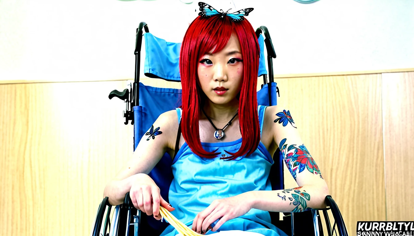 Uhd, photo of Cami, subject: Noriko, 1/2 Japanese 1/2 Hainu skinny girl with long red hair in a 2/00 large wheelchair, blue+++ eyes, oval face, LGBTQIA+, queer, punk style, dressed in colors, buttefly hairclip, tattooes. She is in the hospital, A doctor extracts her blood using the noodle.