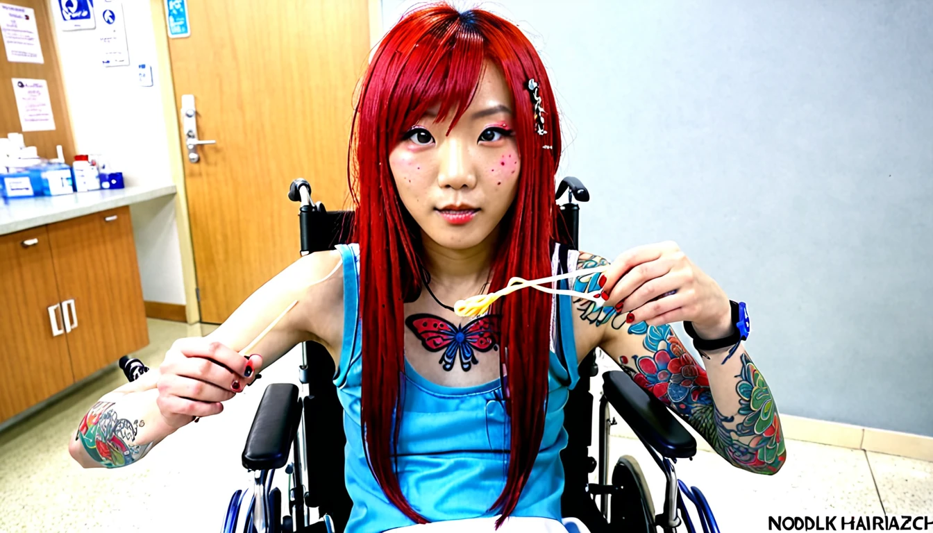 Uhd, photo of Cami, subject: Noriko, 1/2 Japanese 1/2 Hainu skinny girl with long red hair in a 2/00 large wheelchair, blue+++ eyes, oval face, LGBTQIA+, queer, punk style, dressed in colors, buttefly hairclip, tattooes. She is in the hospital, A doctor extracts her blood using the noodle.