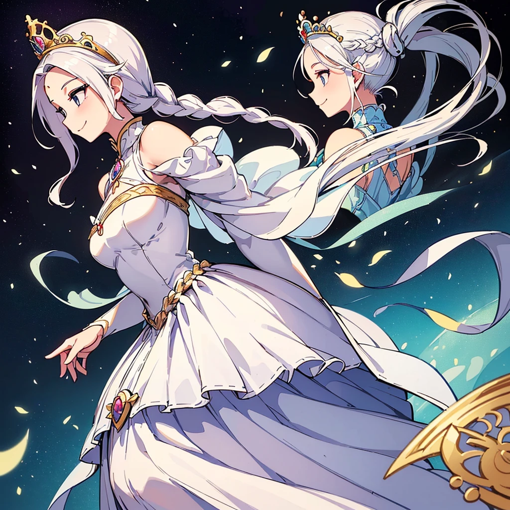 (((Solo)))、Highest quality, Best Quality、middle ages、(((白いGorgeous dress))、(Mature Woman、Mother、40 years old)、(White Hair、Middle Reason、Does not touch the forehead、Dumpling、Braid)、(smile)、(princess、Queen of the West)、(Gorgeous dress)、tiara、(From the side、profile)