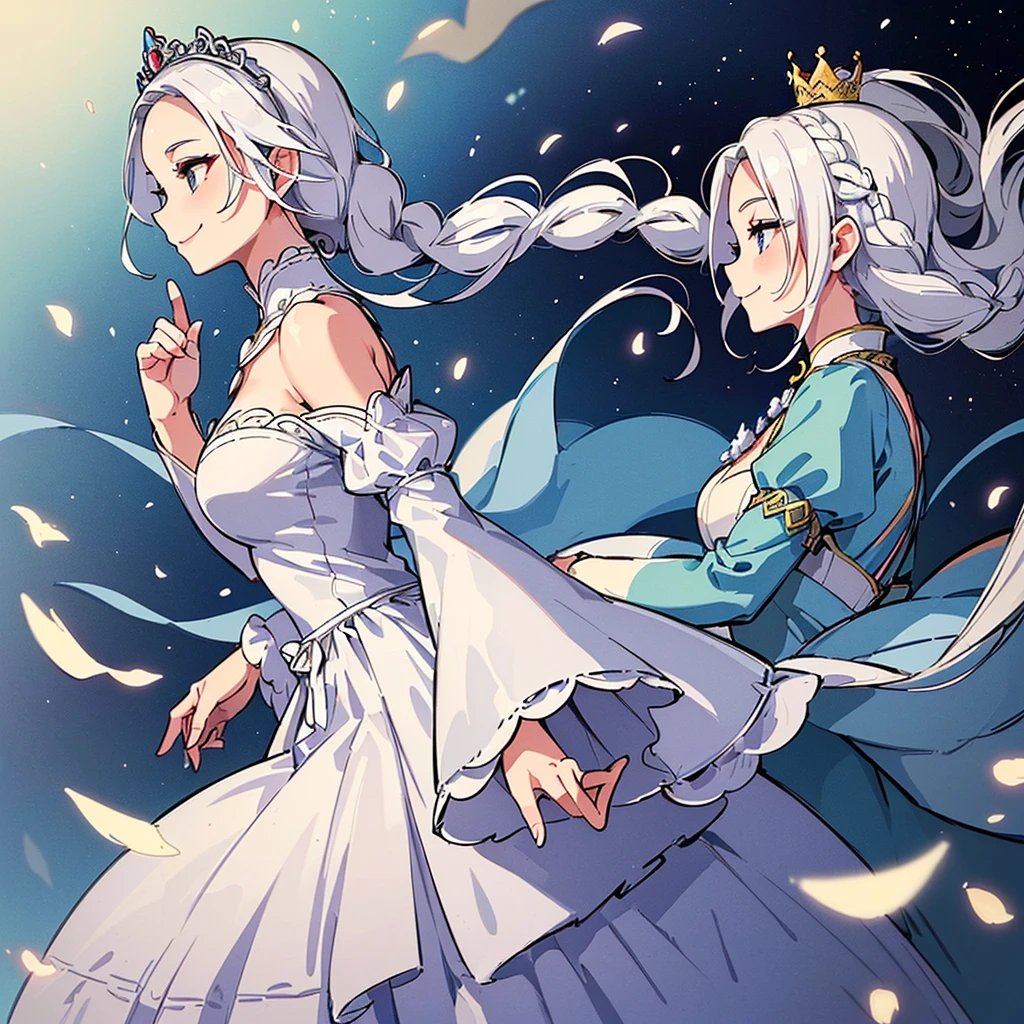 (((Solo)))、Highest quality, Best Quality、middle ages、(((白いGorgeous dress))、(Mature Woman、Mother、40 years old)、(White Hair、Middle Reason、Does not touch the forehead、Dumpling、Braid)、(smile)、(princess、Queen of the West)、(Gorgeous dress)、tiara、(From the side、profile)