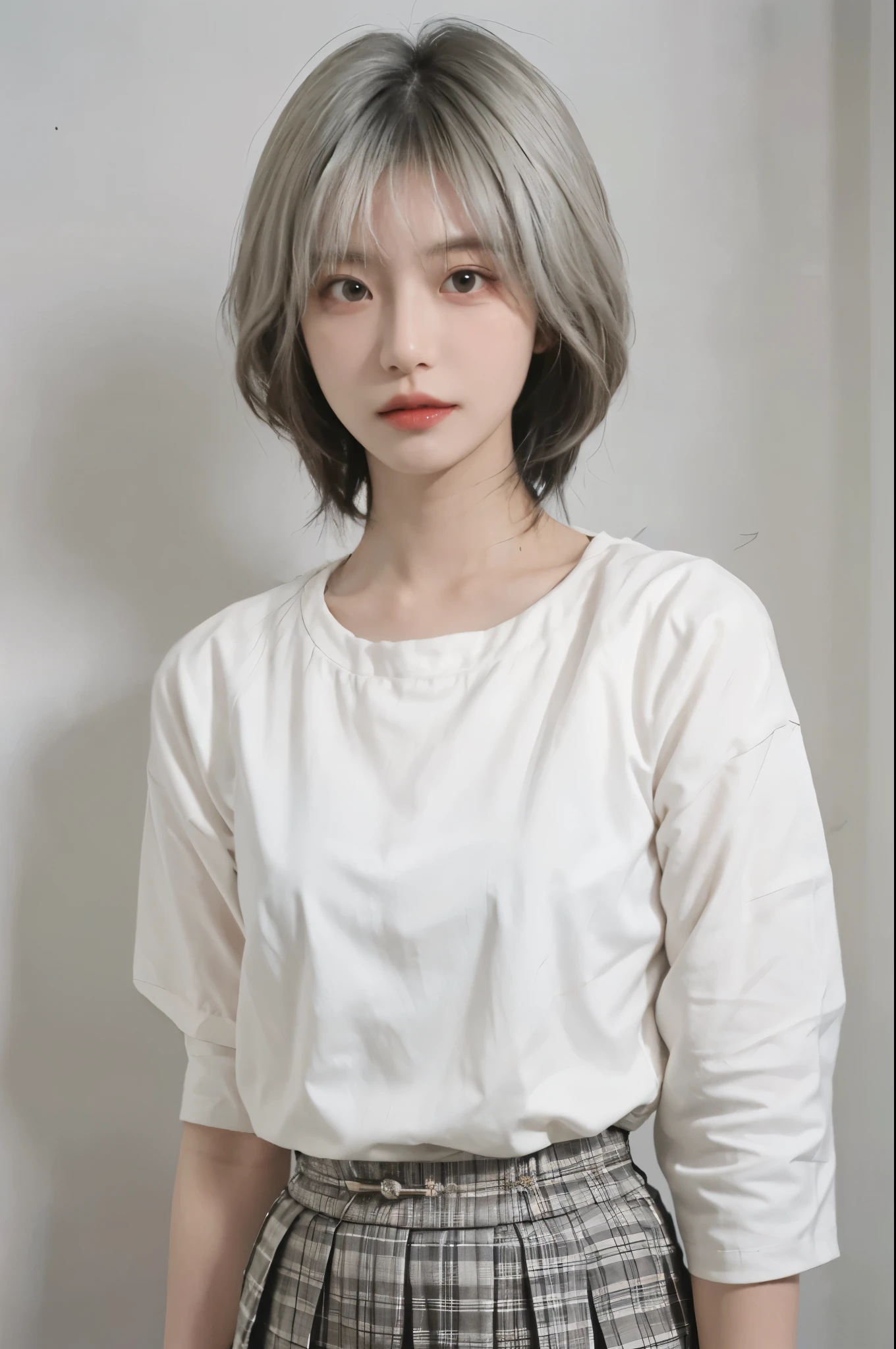 Beautiful woman with perfect figure:1.4,Ultra-high resolution,White background,(lifelike:1.4),Layered Hairstyle,Lipstick,White skin,Super short pleated skirt,whole body,Very delicate face and skin texture,Double eyelids,Skin Whitening,short hair,White hair