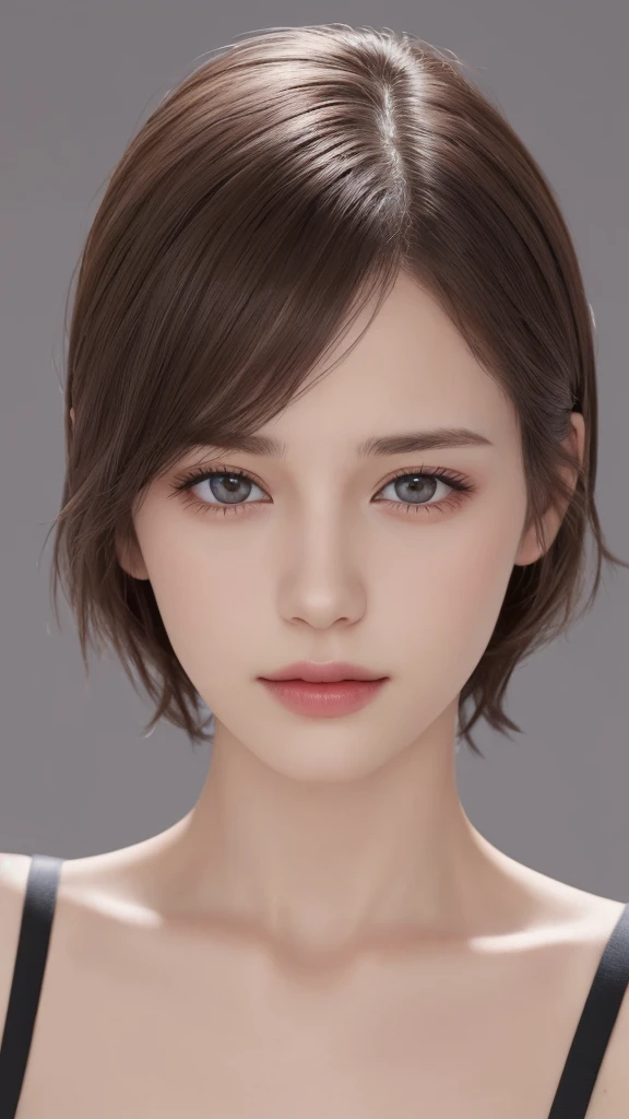 (Representative works:1.3)、(8k、photorealistic、RAW photo、Highest image quality:1.4)、超High definition、Super realistic、High definition、(30 year old mature woman)、small face、beautiful face、(realistic face)、no makeup、natural makeup、Light makeup、 (Dark brown、short hair:1.3)、Beautiful eyes in every detail、 (Photorealistic skin)、beautiful skin、Big tits, big breasts, (skinny)、 small breasts、、超High definition、Super realistic、High definition、cool beauty、、gray background、