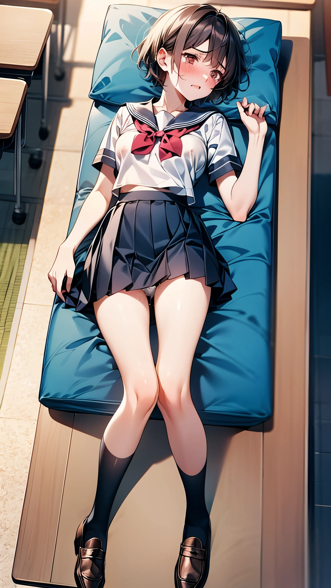 (1 person、alone), Beautiful woman, (High resolutionで美しい黒い目)、Anatomically perfect body, Slender、(High school girls), (Sailor suit、Pleated skirt), (Black socks、Brown Loafers), detailed panty, (Lying on your back:1.2)、(Pussy juice:1.1), (Look to the side)、18-year-old、(Highest quality), Black Hair、(short hair、Bobcut)、(8k, High resolution)、(shy:1.4)、medium breast, (steam:1.1), (embarrassed:1.3), show off nipples under shirt, classroom、On the floor, tears