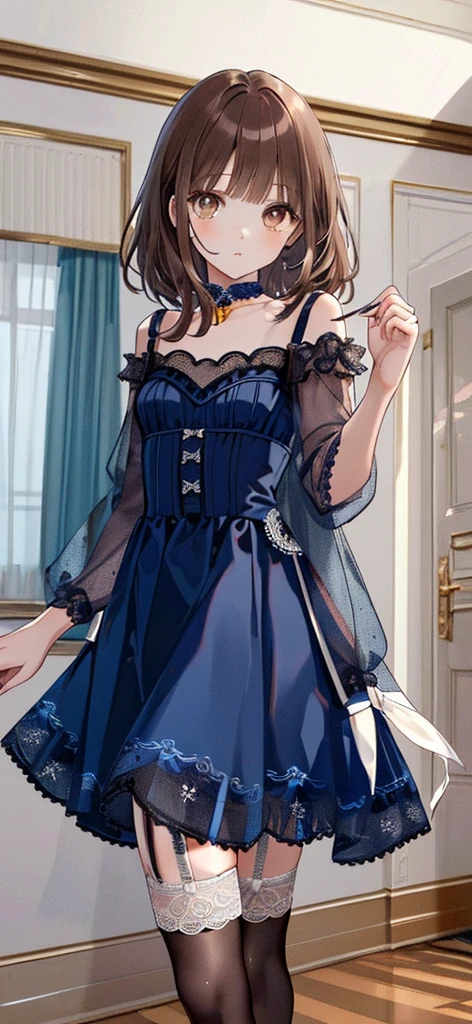 ((masterpiece)), ((best quality)), ((ultra detailed)), ((kawaii)), cute, (lovely), ((extremely detailed)), ((8K)), (beautiful), full body, luxury room, a cute girl, 1girl, solo, blue mini camisole dress,beautiful light brown hair, ((detailed beautiful brown eyes)), white-skinned, flat breast, tiny breast, garter belt,(garter stockings:1.4),pink eyeshadow
