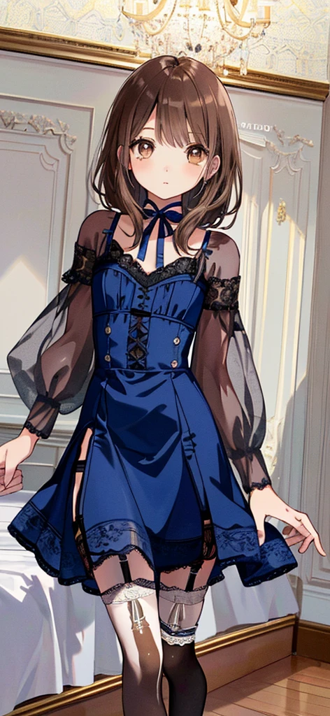 ((masterpiece)), ((best quality)), ((ultra detailed)), ((kawaii)), cute, (lovely), ((extremely detailed)), ((8K)), (beautiful), full body, luxury room, a cute girl, 1girl, solo, blue mini camisole dress,beautiful light brown hair, ((detailed beautiful brown eyes)), white-skinned, flat breast, tiny breast, garter belt,(garter stockings:1.4),pink eyeshadow