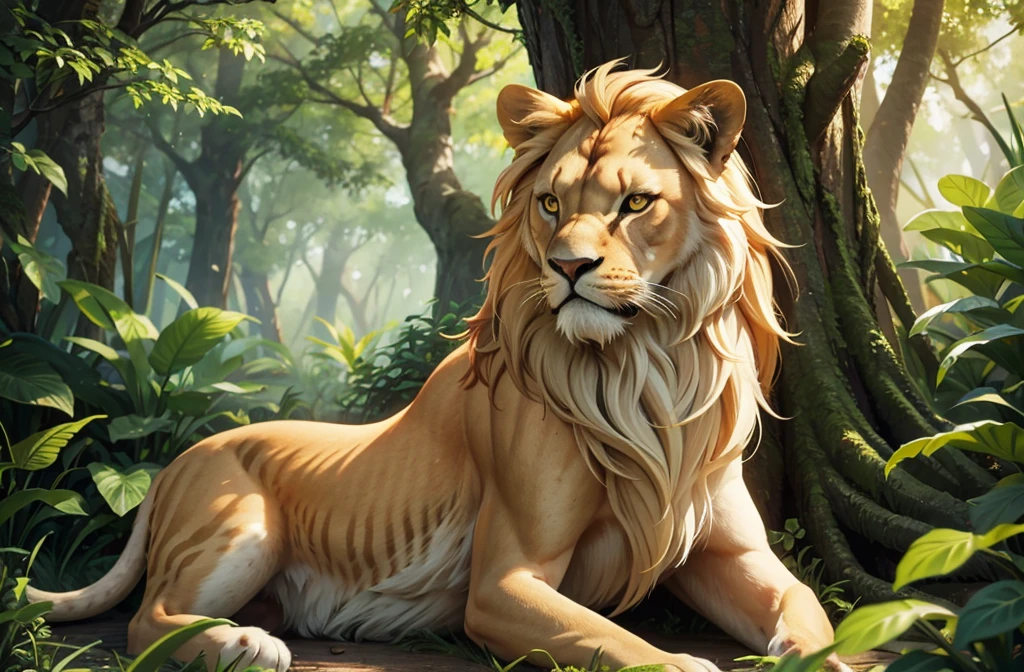 Verdant forest with majestic lion, golden mane flowing, lion gazing into distance, rich green foliage, sunlight filtering through canopy, Ultra Realistic vector art, Illustration, Canon EOS R5, EF 50mm f/1.2L, f/2.8, late afternoon, wildlife photography, Kodak Ektachrome
