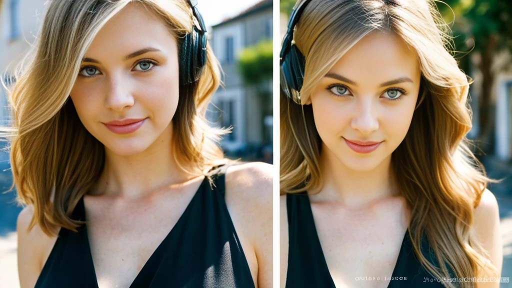 Beautiful blonde with big breasts in a black dress (Beautiful morning sun in a French town),Wearing headphones,Very detailed, 21 years old, Innocent face, Naturally Wavy Hair, blue eyes, High resolution, masterpiece, Highest quality, Intricate details, Very detailed, Clear focus, Delicate skin, practical skin texture, texture, Delicate eyes, Professional, 4K, Cute Smile, Shot with Canon, 85mm, Shallow and deep, Kodak Vision Color, Exactly, Very detailed, photograph_\(Extremist\), photographpractical, practical, Post-processing, Maximum details, Roughness, Real Life, Extremist practical, Photorealism, photographgraphy, 8K Ultra HD, photographgraphy