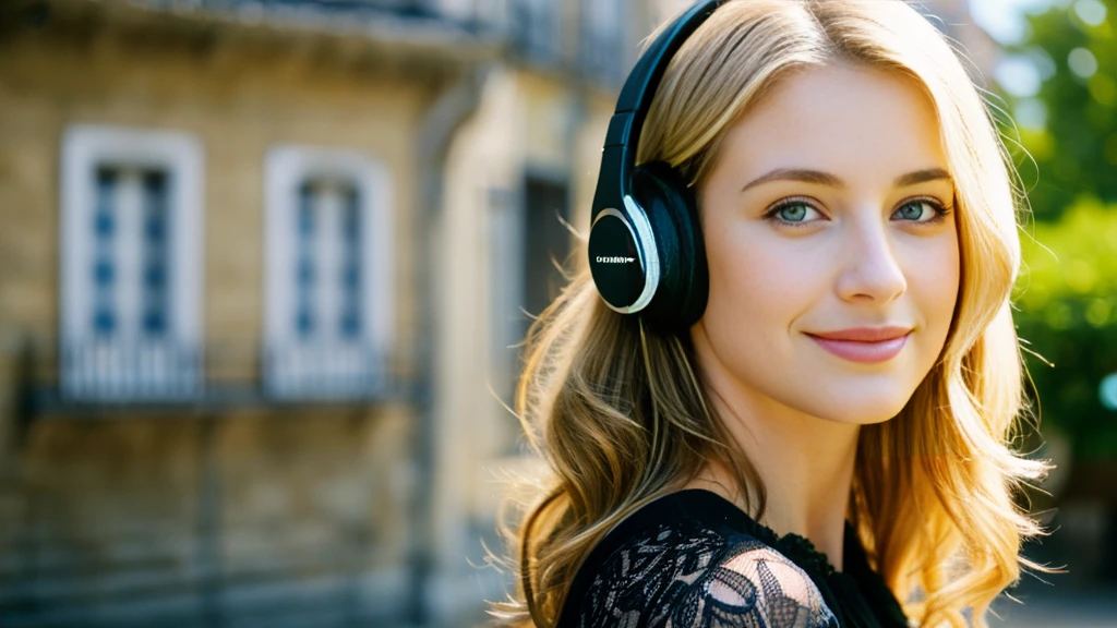 Beautiful blonde with big breasts in a black dress (Beautiful morning sun in a French town),Wearing headphones,Very detailed, 21 years old, Innocent face, Naturally Wavy Hair, blue eyes, High resolution, masterpiece, Highest quality, Intricate details, Very detailed, Clear focus, Delicate skin, practical skin texture, texture, Delicate eyes, Professional, 4K, Cute Smile, Shot with Canon, 85mm, Shallow and deep, Kodak Vision Color, Exactly, Very detailed, photograph_\(Extremist\), photographpractical, practical, Post-processing, Maximum details, Roughness, Real Life, Extremist practical, Photorealism, photographgraphy, 8K Ultra HD, photographgraphy
