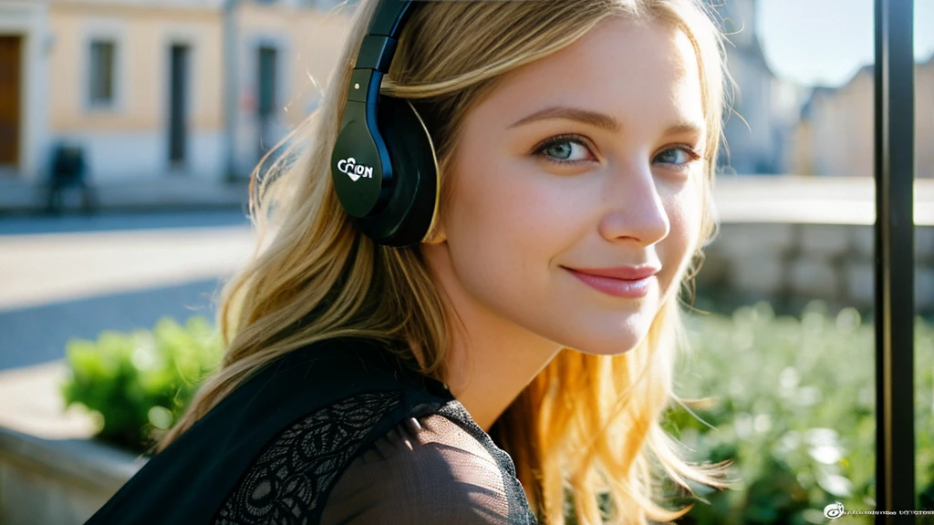 Beautiful blonde with big breasts in a black dress (Beautiful morning sun in a French town),Wearing headphones,Very detailed, 21 years old, Innocent face, Naturally Wavy Hair, blue eyes, High resolution, masterpiece, Highest quality, Intricate details, Very detailed, Clear focus, Delicate skin, practical skin texture, texture, Delicate eyes, Professional, 4K, Cute Smile, Shot with Canon, 85mm, Shallow and deep,  Kodak Vision Color, Exactly, Very detailed, photograph_\(Extremist\), photographpractical, practical, Post-processing, Maximum details, Roughness, Real Life, Extremist practical, Photorealism, photographgraphy, 8K Ultra HD, photographgraphy