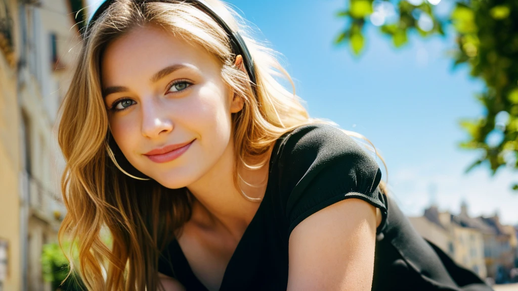 Beautiful blonde with big breasts in a black dress (Beautiful morning sun in a French town),Wearing headphones,Very detailed, 21 years old, Innocent face, Naturally Wavy Hair, blue eyes, High resolution, masterpiece, Highest quality, Intricate details, Very detailed, Clear focus, Delicate skin, practical skin texture, texture, Delicate eyes, Professional, 4K, Cute Smile, Shot with Canon, 85mm, Shallow and deep, Kodak Vision Color, Exactly, Very detailed, photograph_\(Extremist\), photographpractical, practical, Post-processing, Maximum details, Roughness, Real Life, Extremist practical, Photorealism, photographgraphy, 8K Ultra HD, photographgraphy