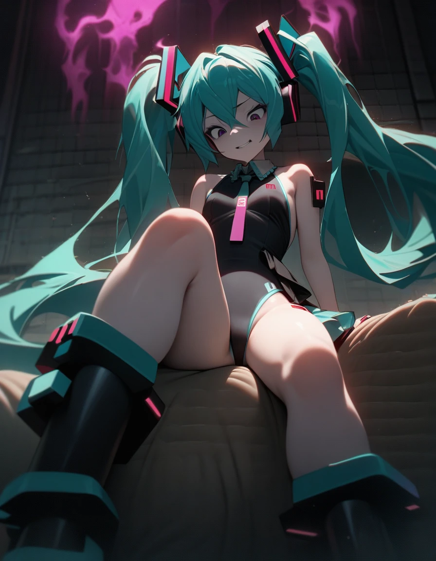 best masterpiece, ultra detailed, best quality, sharp focus, 12K, super high resolution picture, 1girl, hatsune miku, vocaloid,(Bontage leotard:1.5),crossing legs,   looking down, from bottom, looking at viewer, outdoors,evil aura,evil smile,full body,dark aura,(Hatsune Miku sitting on a girl:2.0)