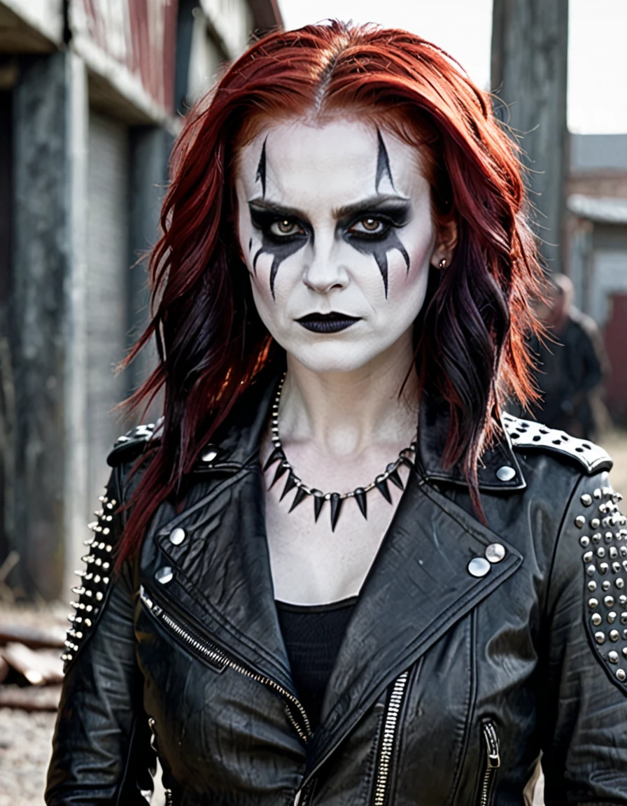 a female character, "Chelsea cut" hairstyle, red colored hair. The background is greyish white. The character's face is confident, with pale skin and corpse paint. She wears a dark-colored leather jacket with studs. 