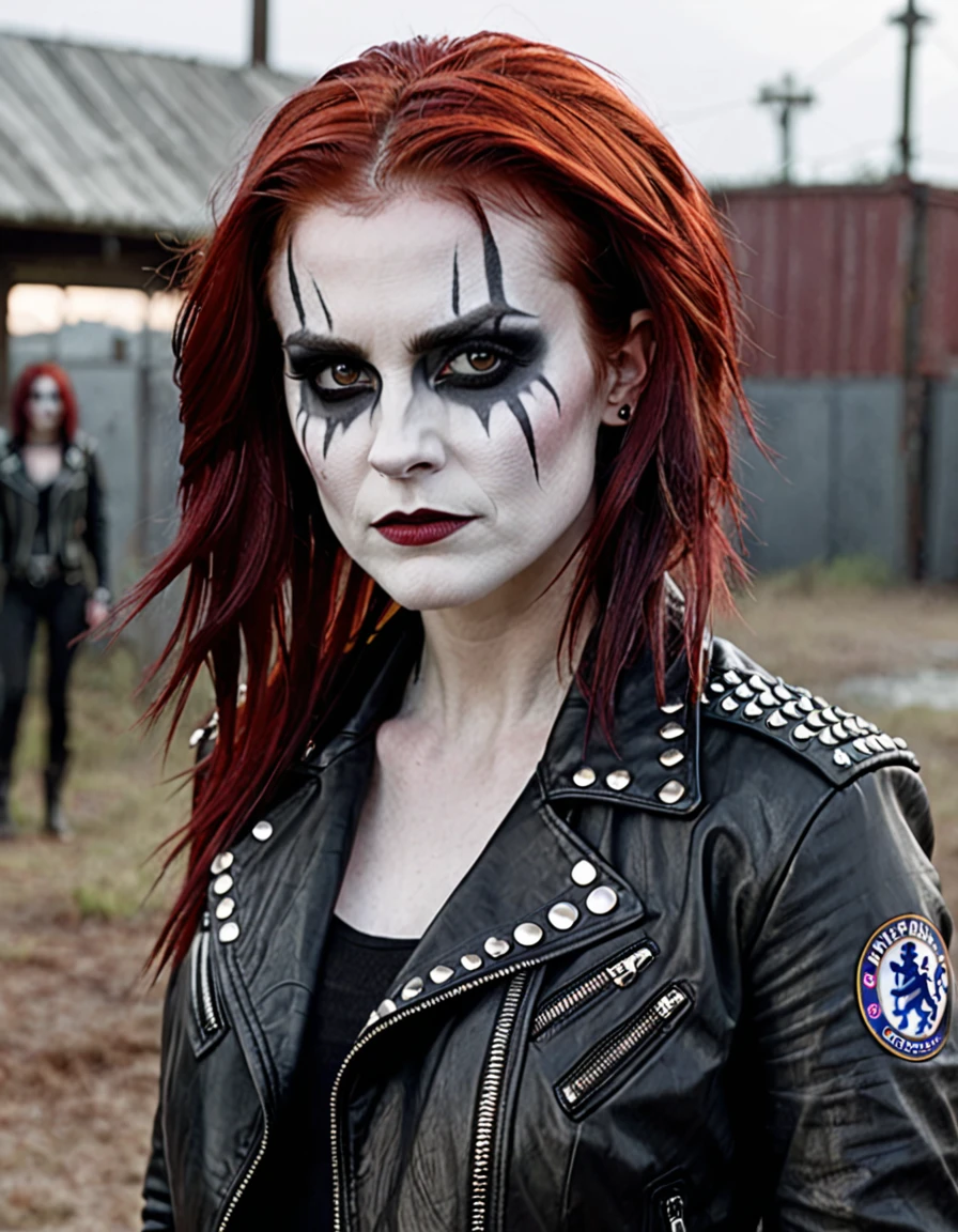 a female character, "Chelsea cut" hairstyle, red colored hair. The background is greyish white. The character's face is confident, with pale skin and corpse paint. She wears a dark-colored leather jacket with studs. 