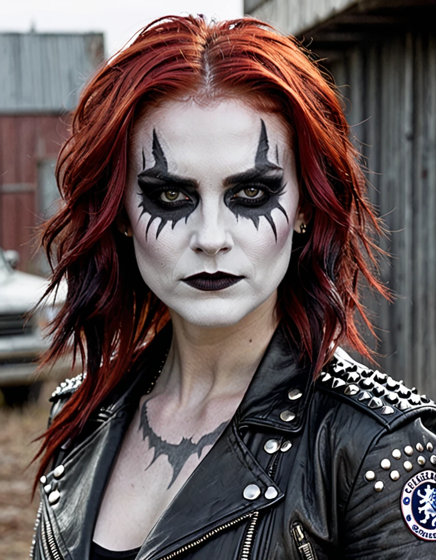 a female character, "Chelsea cut" hairstyle, red colored hair. The background is greyish white. The character's face is confident, with pale skin and corpse paint. She wears a dark-colored leather jacket with studs.
