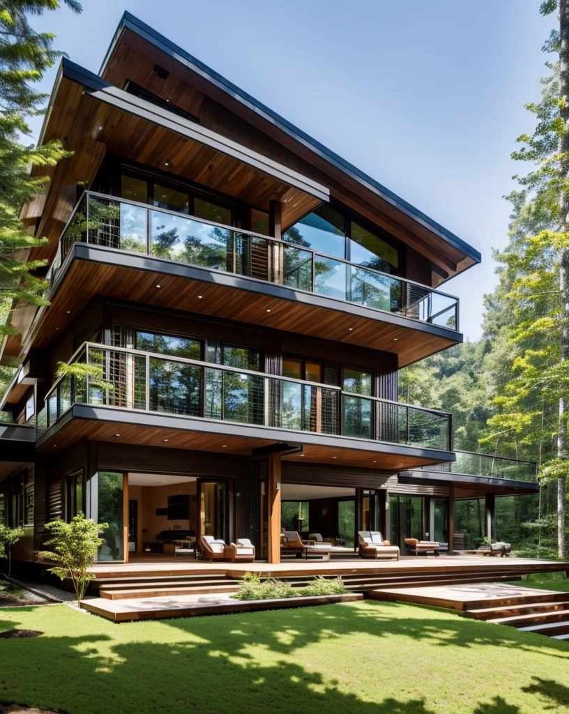 arafed house with a large deck and a mountain view, peaceful wooden mansion, amidst of nature fully covered, modern house in the wood, dense with greenery, large modern residence, beautiful house on a forest path, arhitectural shot, house in forest, beatiful house, build in a forest near of a lake, rich house, contemporary house