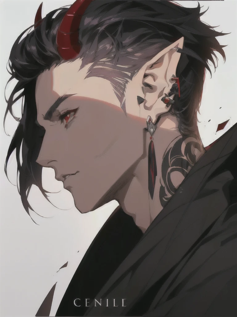 anime character with ear piercings and a black jacket, handsome guy in demon slayer art, a portrait of a male elf, handsome japanese demon boy, pale pointed ears, male anime character, a male elf, attractive humanoid, stunning anime face portrait, in the style of guweiz, demon horns, two dark red horns, two horns protruding from hair, large horns, striking appearance, masculine, two horns sticking out from top of head, red eyes