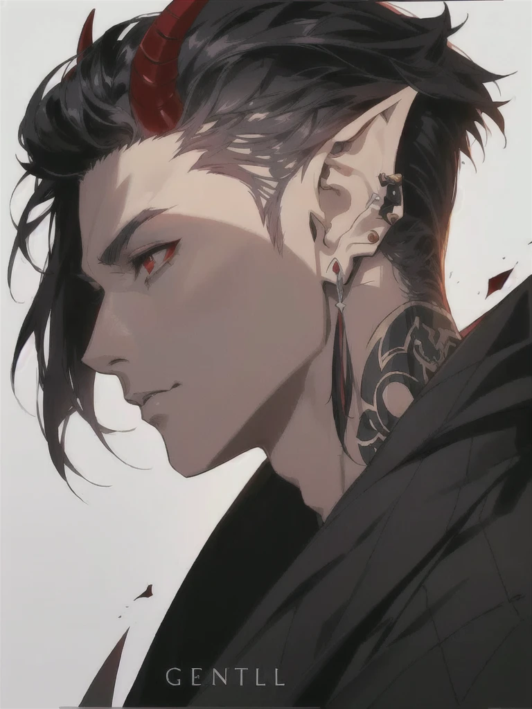 anime character with ear piercings and a black jacket, handsome guy in demon slayer art, a portrait of a male elf, handsome japanese demon boy, pale pointed ears, male anime character, a male elf, attractive humanoid, stunning anime face portrait, in the style of guweiz, demon horns, two dark red horns, two horns protruding from hair, large horns, striking appearance, masculine, two horns sticking out from top of head, red eyes