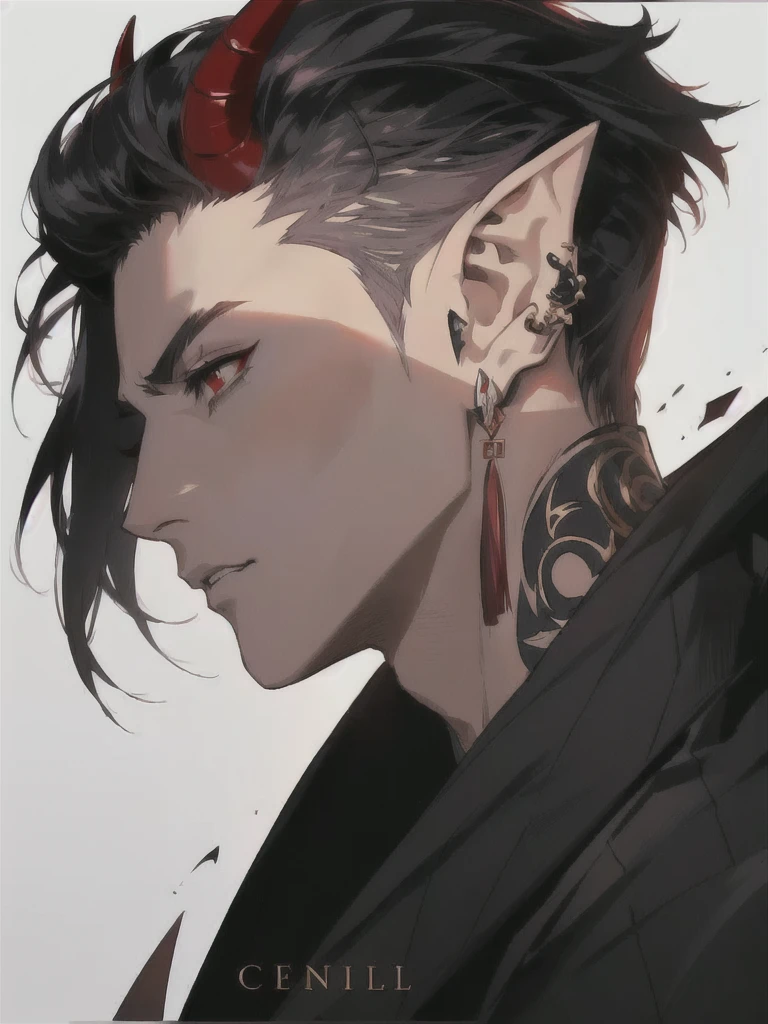 anime character with ear piercings and a black jacket, handsome guy in demon slayer art, a portrait of a male elf, handsome japanese demon boy, pale pointed ears, male anime character, a male elf, attractive humanoid, stunning anime face portrait, in the style of guweiz, demon horns, two dark red horns, two horns protruding from hair, large horns, striking appearance, masculine, two horns sticking out from top of head, red eyes