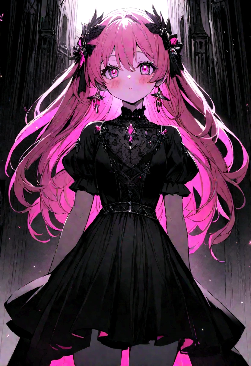 Create an anime-style, highly detailed 8K masterpiece artwork of an 18-year-old girl with pink hair, adorned in glamorous jewelry and a black skirt, posed dynamically against a dramatic Gothic background, featuring stunning eyes, slender physique, and blush cheeks, capturing a light fantasy theme with cinematic quality and detailed monochrome elements.