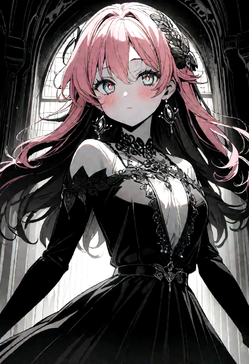 Create an anime-style, highly detailed 8K masterpiece artwork of an 18-year-old girl with pink hair, adorned in glamorous jewelry and a black skirt, posed dynamically against a dramatic Gothic background, featuring stunning eyes, slender physique, and blush cheeks, capturing a light fantasy theme with cinematic quality and detailed monochrome elements.