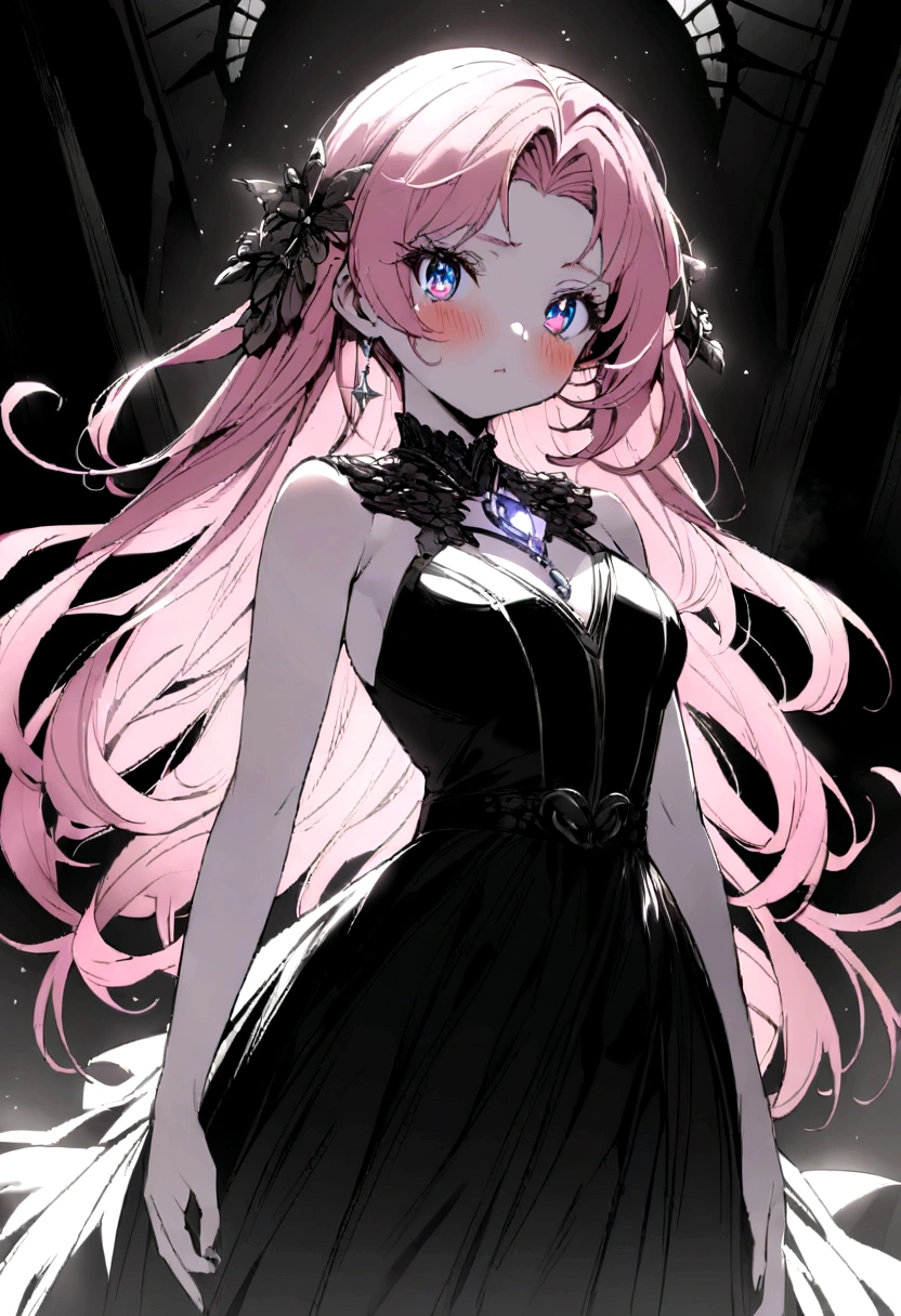 Create an anime-style, highly detailed 8K masterpiece artwork of an 18-year-old girl with pink hair, adorned in glamorous jewelry and a black skirt, posed dynamically against a dramatic Gothic background, featuring stunning eyes, slender physique, and blush cheeks, capturing a light fantasy theme with cinematic quality and detailed monochrome elements.