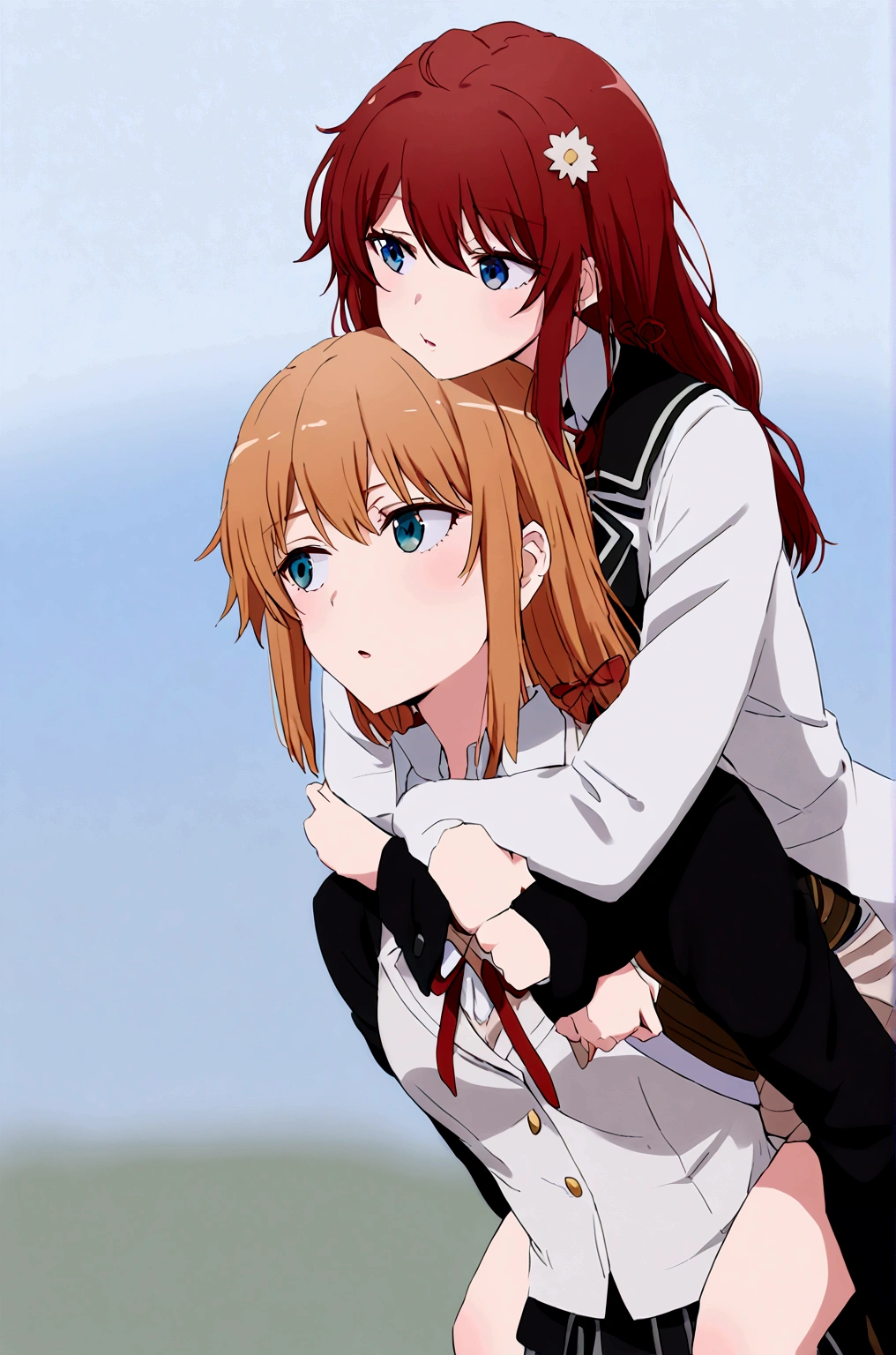 2 grils mother Yuigahama  giving yukino yukinoshita piggyback ride, Blue eyes black long hair piggyback ride, size difference, 