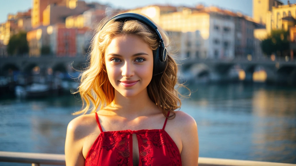 Beautiful blonde with big breasts in a red dress (Beautiful Italian city in the morning sun),Wearing headphones,Very detailed, 21 years old, Innocent face, Naturally Wavy Hair, blue eyes, High resolution, masterpiece, Highest quality, Intricate details, Very detailed, Clear focus, Delicate skin, practical skin texture, texture, Delicate eyes, Professional, 4K, Cute Smile, Shot with Canon, 85mm, Shallow and deep, Kodak Vision Color, Exactly, Very detailed, photograph_\(Extremist\), photographpractical, practical, Post-processing, Maximum details, Roughness, Real Life, Extremist practical, Photorealism, photographgraphy, 8K Ultra HD, photographgraphy