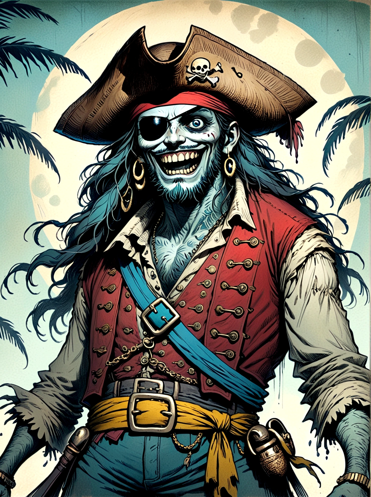 A Pirate Captain with a straw hat who has wide joyous eyes and over-expressive facial features. He is surrounded by a gloomy and Gothic atmosphere typical of late 19th century illustrations. The character possesses monstrous strength and has an ability to stretch his limbs to extraordinary lengths. His attire consists of a red vest, blue shorts with a yellow sash, and black sandals. The style is reminiscent of eerie expressiveness, exaggerated proportions, and dark thematic elements, using pencil.