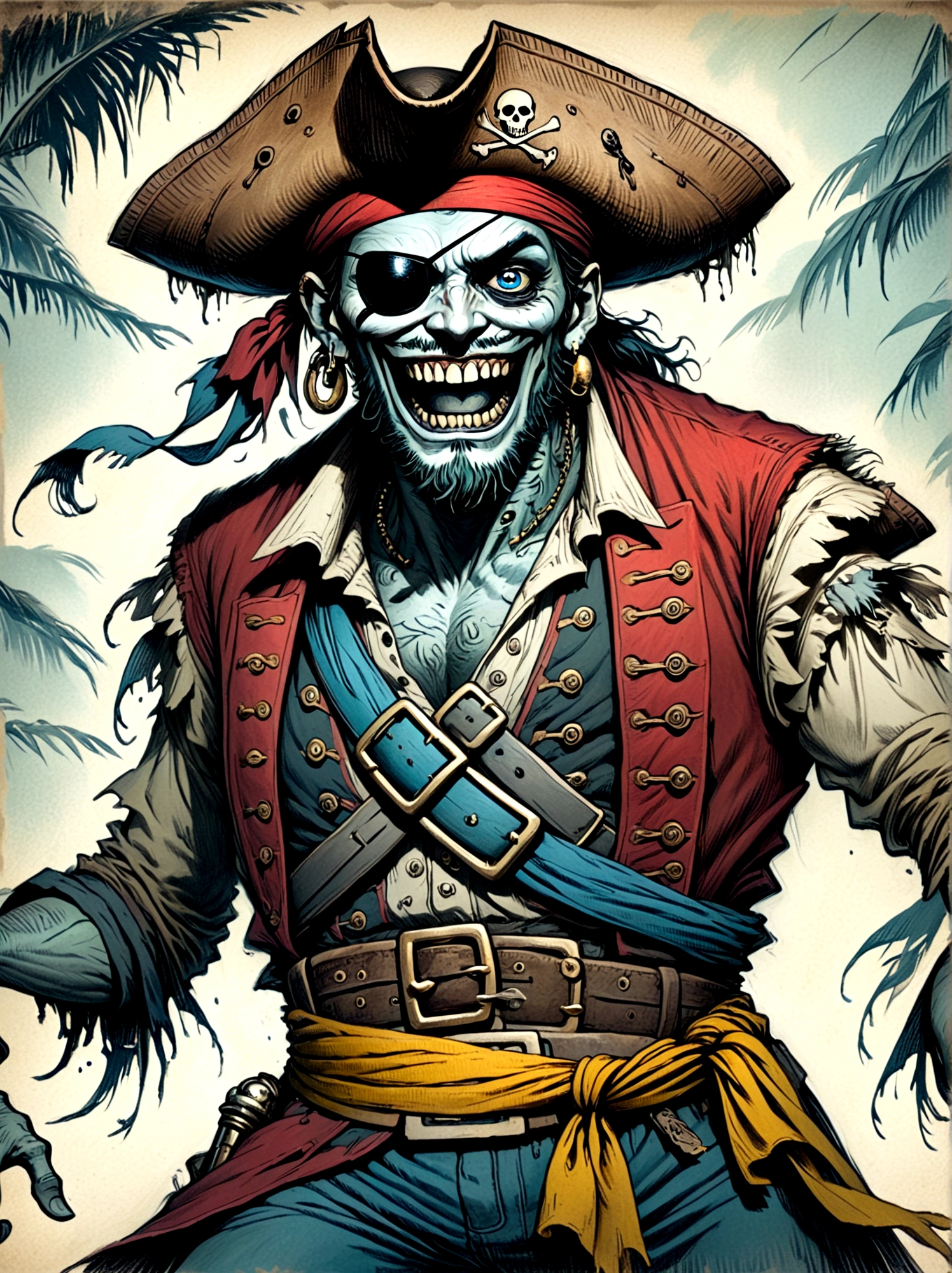 A Pirate Captain with a straw hat who has wide joyous eyes and over-expressive facial features. He is surrounded by a gloomy and Gothic atmosphere typical of late 19th century illustrations. The character possesses monstrous strength and has an ability to stretch his limbs to extraordinary lengths. His attire consists of a red vest, blue shorts with a yellow sash, and black sandals. The style is reminiscent of eerie expressiveness, exaggerated proportions, and dark thematic elements, using pencil.