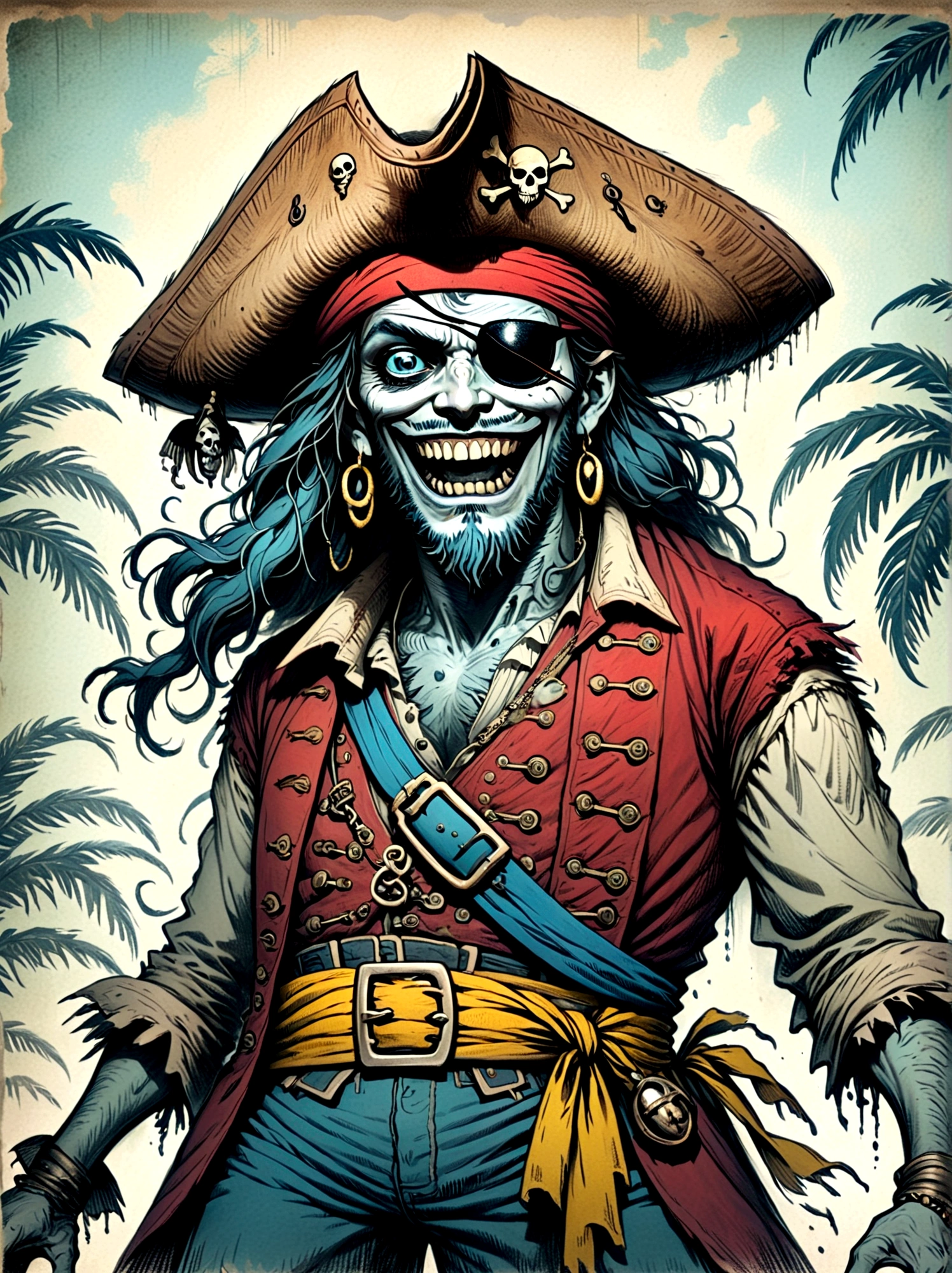 A Pirate Captain with a straw hat who has wide joyous eyes and over-expressive facial features. He is surrounded by a gloomy and Gothic atmosphere typical of late 19th century illustrations. The character possesses monstrous strength and has an ability to stretch his limbs to extraordinary lengths. His attire consists of a red vest, blue shorts with a yellow sash, and black sandals. The style is reminiscent of eerie expressiveness, exaggerated proportions, and dark thematic elements, using pencil.