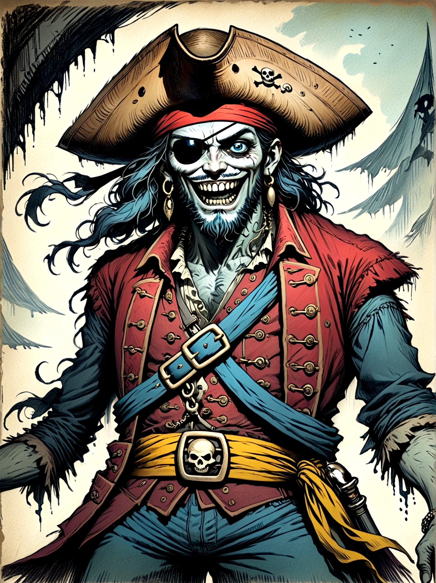 A Pirate Captain with a straw hat who has wide joyous eyes and over-expressive facial features. He is surrounded by a gloomy and Gothic atmosphere typical of late 19th century illustrations. The character possesses monstrous strength and has an ability to stretch his limbs to extraordinary lengths. His attire consists of a red vest, blue shorts with a yellow sash, and black sandals. The style is reminiscent of eerie expressiveness, exaggerated proportions, and dark thematic elements, using pencil.