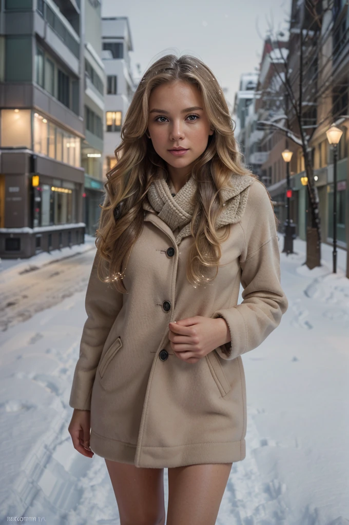 professional portrait photograph of a gorgeous Norwegian girl in winter clothing with long wavy blonde hair, sultry flirty look, gorgeous symmetrical face, cute natural makeup, wearing elegant warm winter fashion clothing, ((standing outside in snowy city street)), stunning modern urban environment, ultra realistic, concept art, elegant, highly detailed, intricate, sharp focus, depth of field, f/1. 8, 85mm, medium shot, mid shot, (((professionally color graded))), bright soft diffused light, (volumetric fog), trending on instagram, hdr 4k, 8k